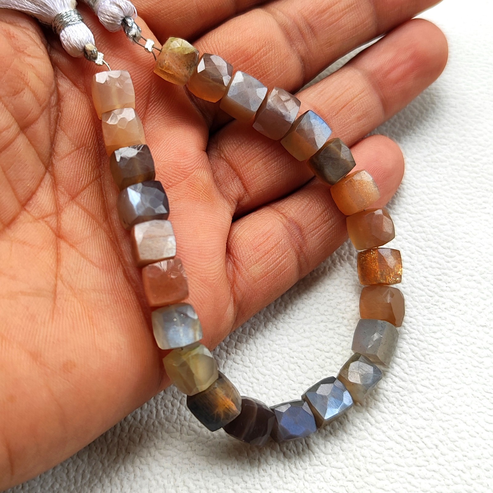 Multicolor Moonstone 7.5mm Faceted Cube Bead 7 Inch Strand Natural India Gems