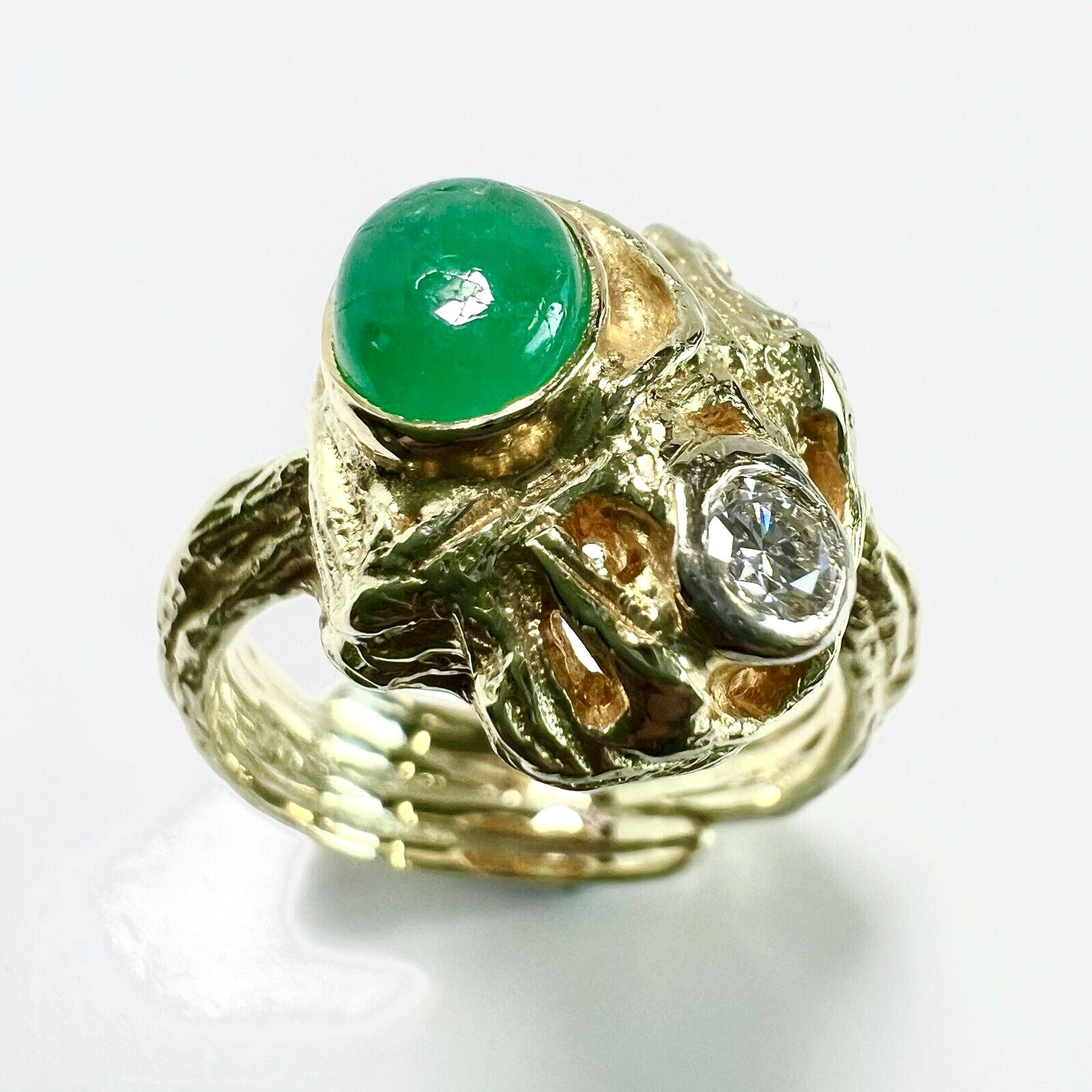 Designer Ring 585 Gold 0.12ct. Diamond Emerald Cabochon Size 54 / 17.2mm 8.65g