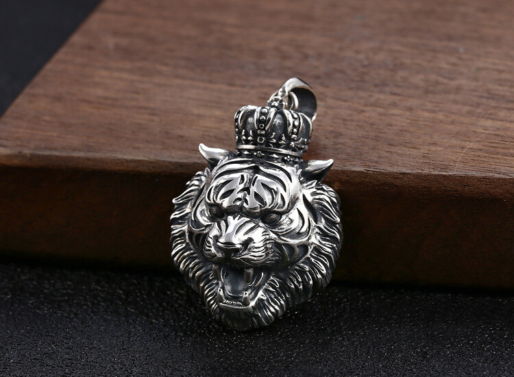 1PC S925 Silver CROWNED TIGER KING Pendant Roaring Gothic Biker Mens 15g STAMPED