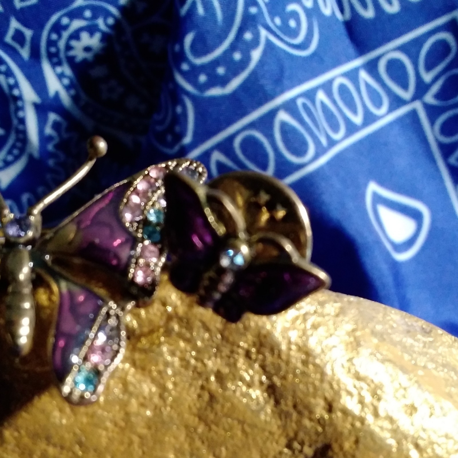 Butterfly Enamel Rhinestone Lapel Pin – Metal Silver Tone Purple Pink Blue