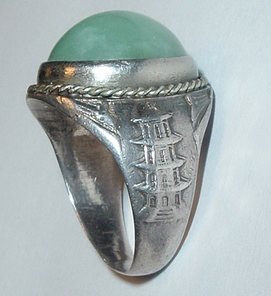 Antique Chinese EXPORT ‘SILVER’ JADE DOME RING *Phoenix Bird *Pagoda *Size; 9