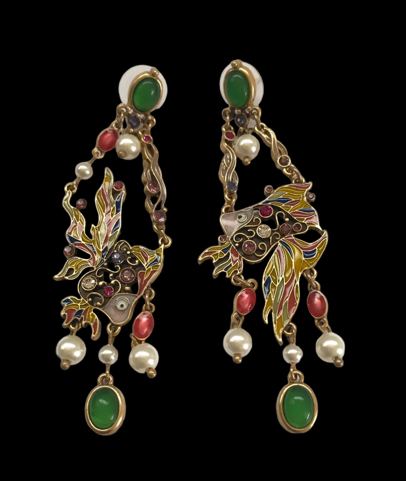 Enamel Koi Fish Dangle Earrings Faux Pearl Rhineston Gold Tone Statement Jewelry