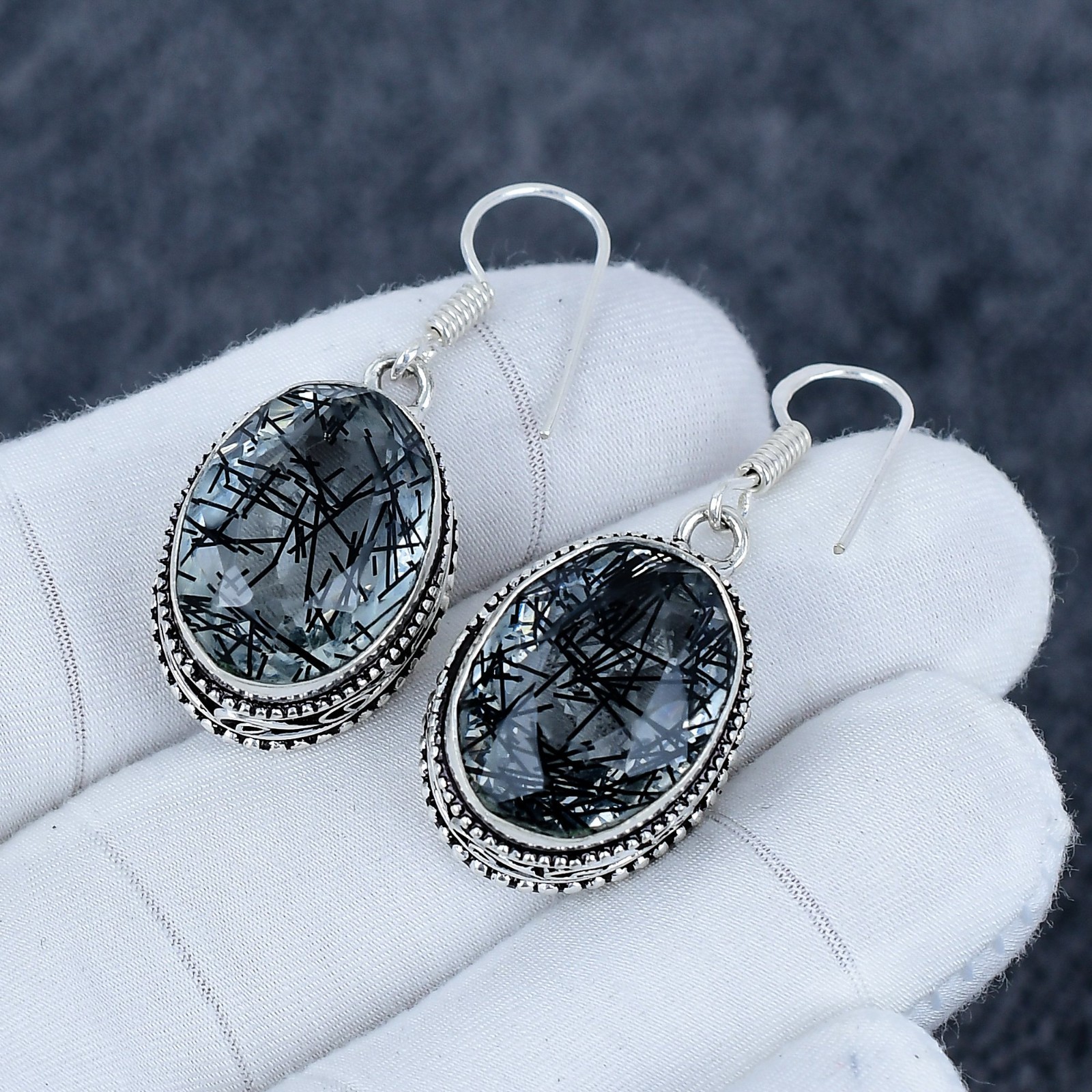 Black Rutile Quartz Earrings 925 Sterling Silver Dangle Earrings Wedding Gift