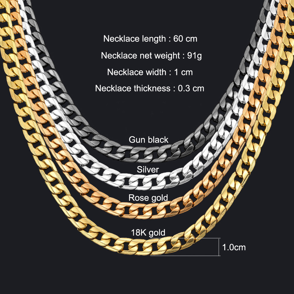 Curb Chain Necklace for men 24” 10mm Black/Silver/Rose/18K Gold Plated Cuban