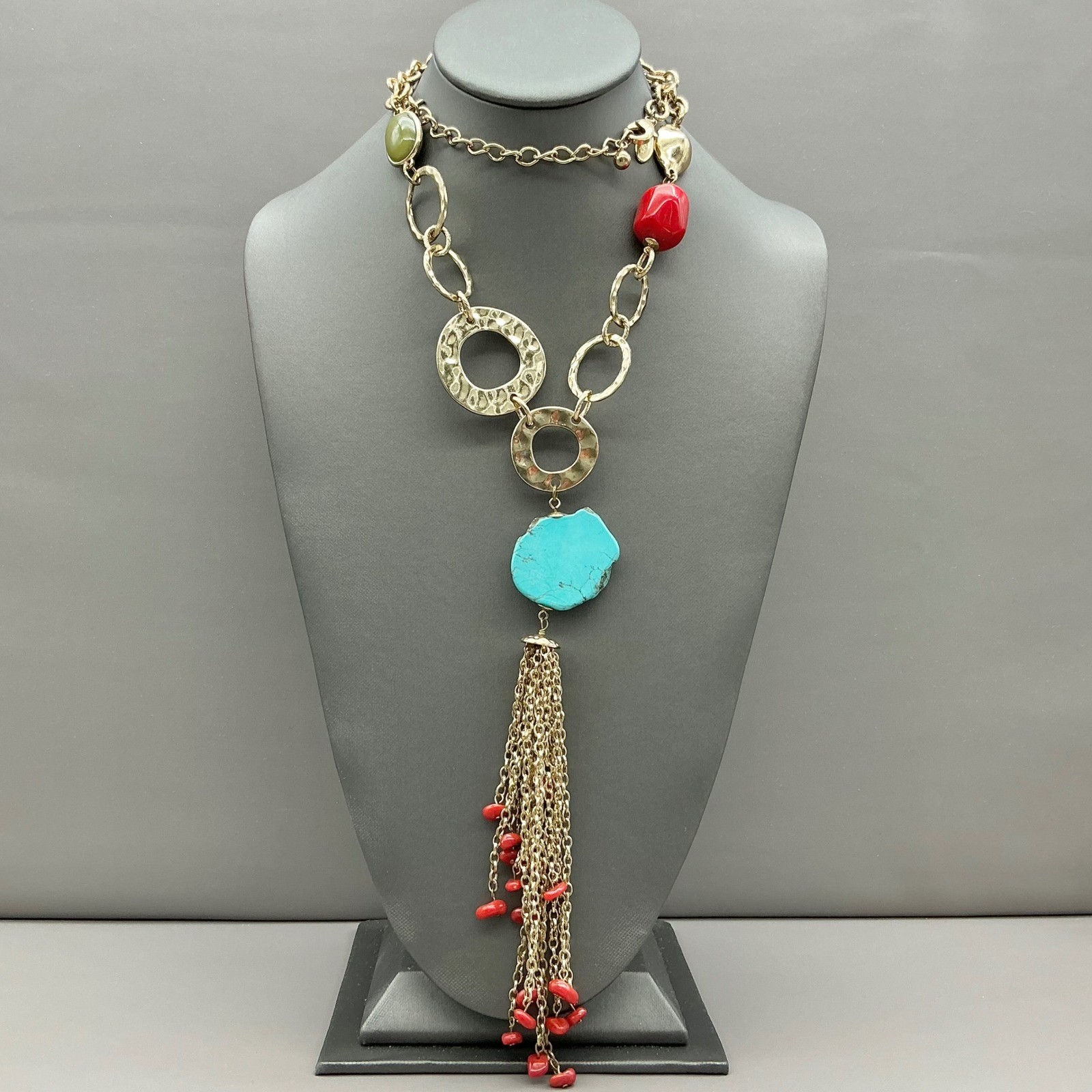 Chico’s Necklace Womens Gold Tone Turquoise Red Green Tassel Statement 22-26 In