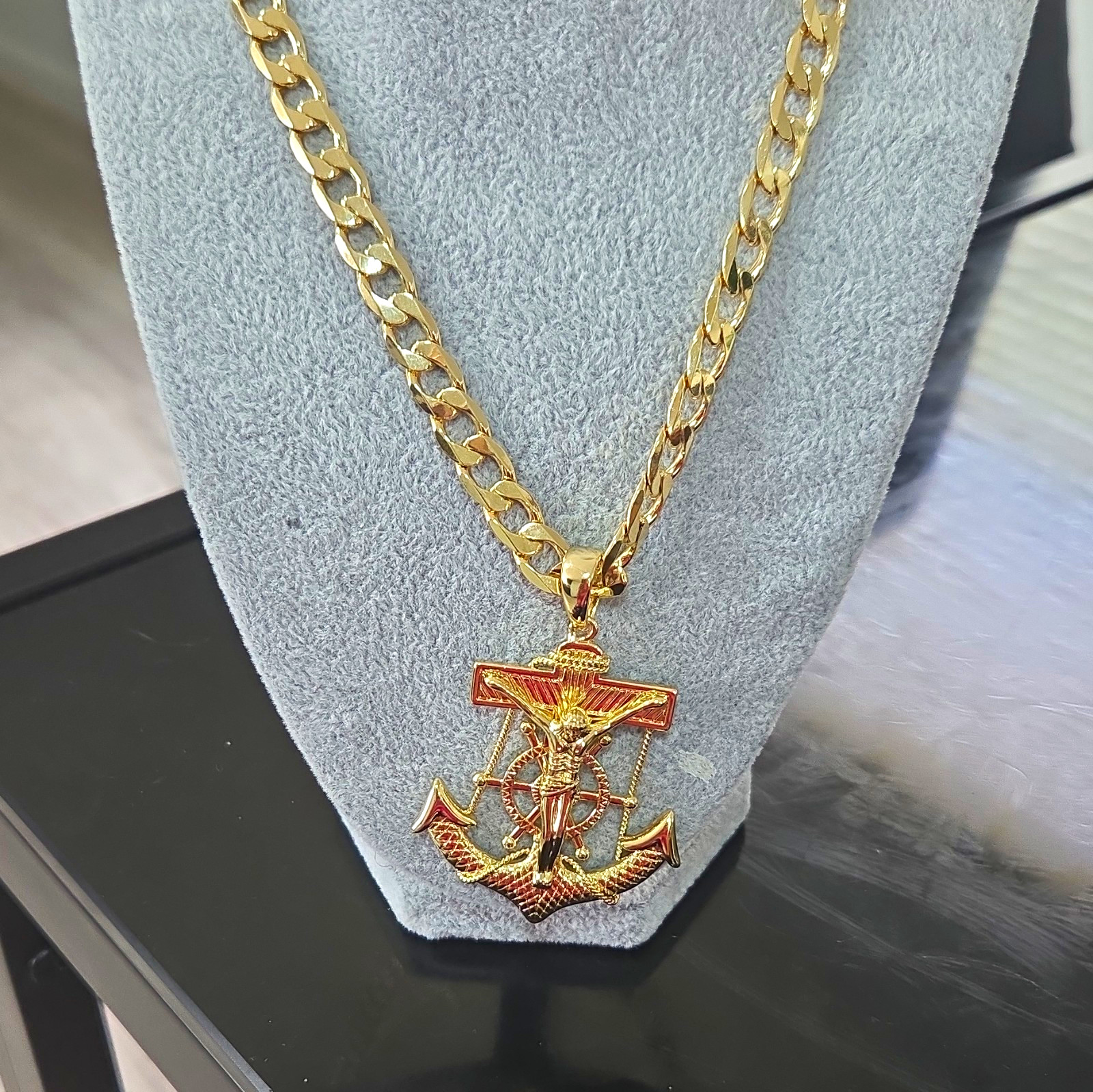 XP Gold Laminated Cuban Link Chain Necklace with Anchor Pendant