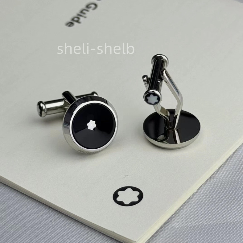Montblanc stainless steel Star cufflinks round shape with a black resin inlay