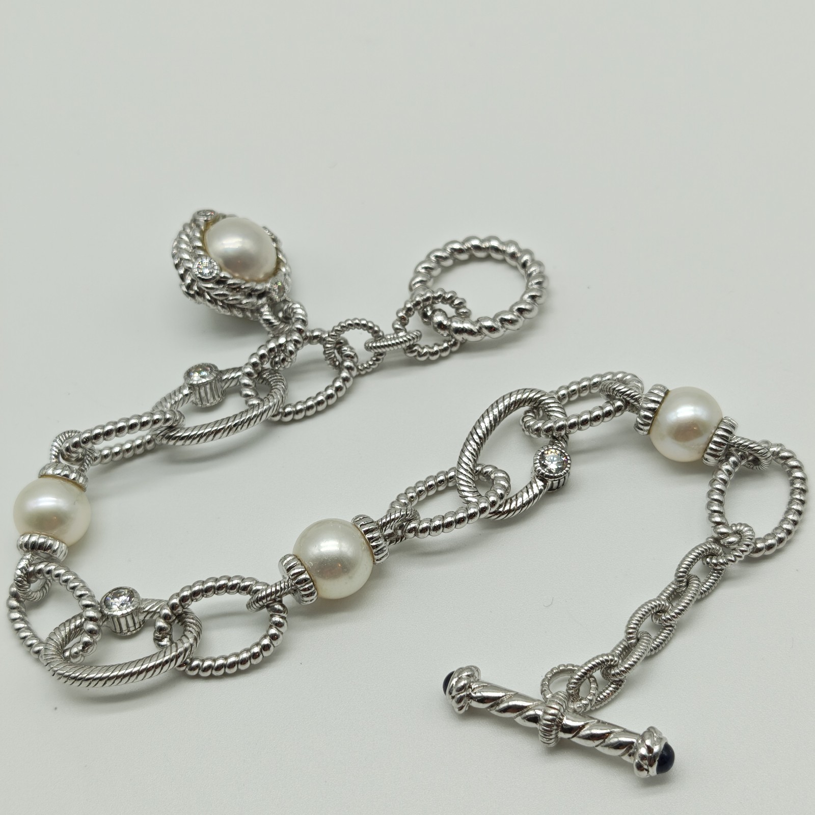 QVC Judith Ripka Sterling Silver 925 Pearl & CZ Station Bracelet 8.25″