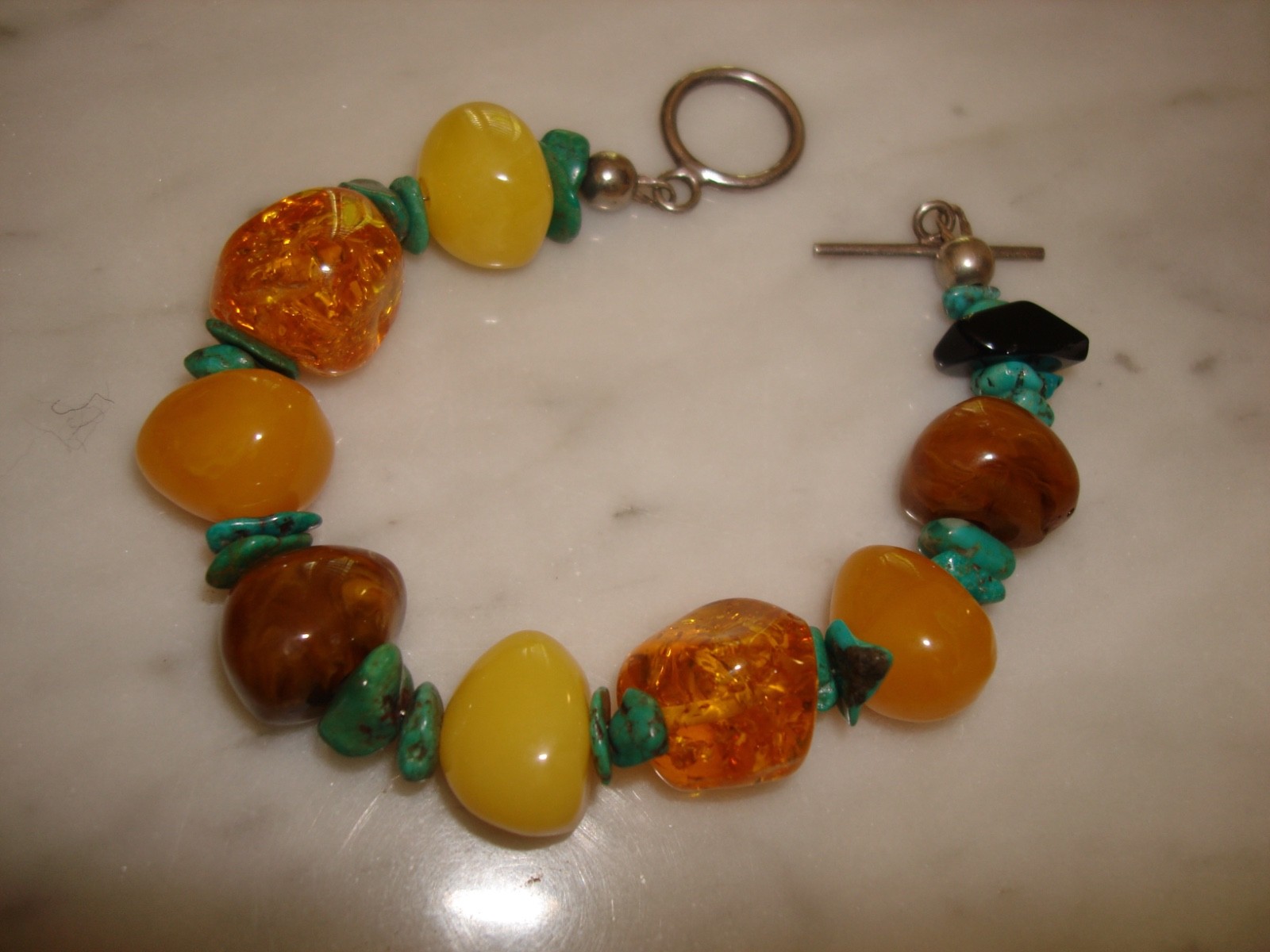 Vintage Navajo Baltic Butterscotch Amber Turquoise Nugget Bracelet