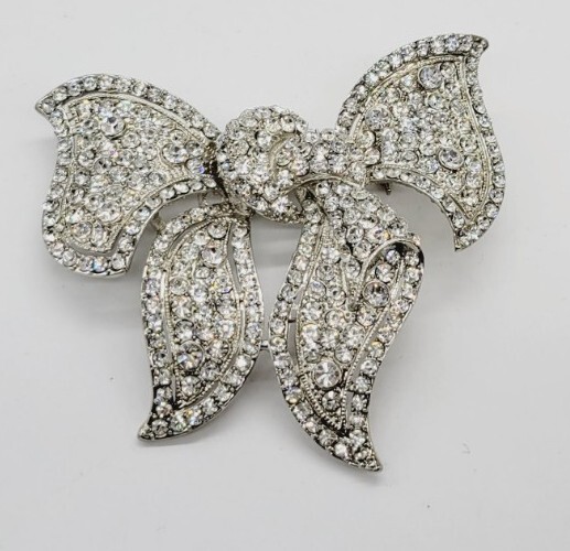 HUGE Ribbon Bow Crystal PAVE Silver tone Brooch Pin 3.75 in x 4 in Runway