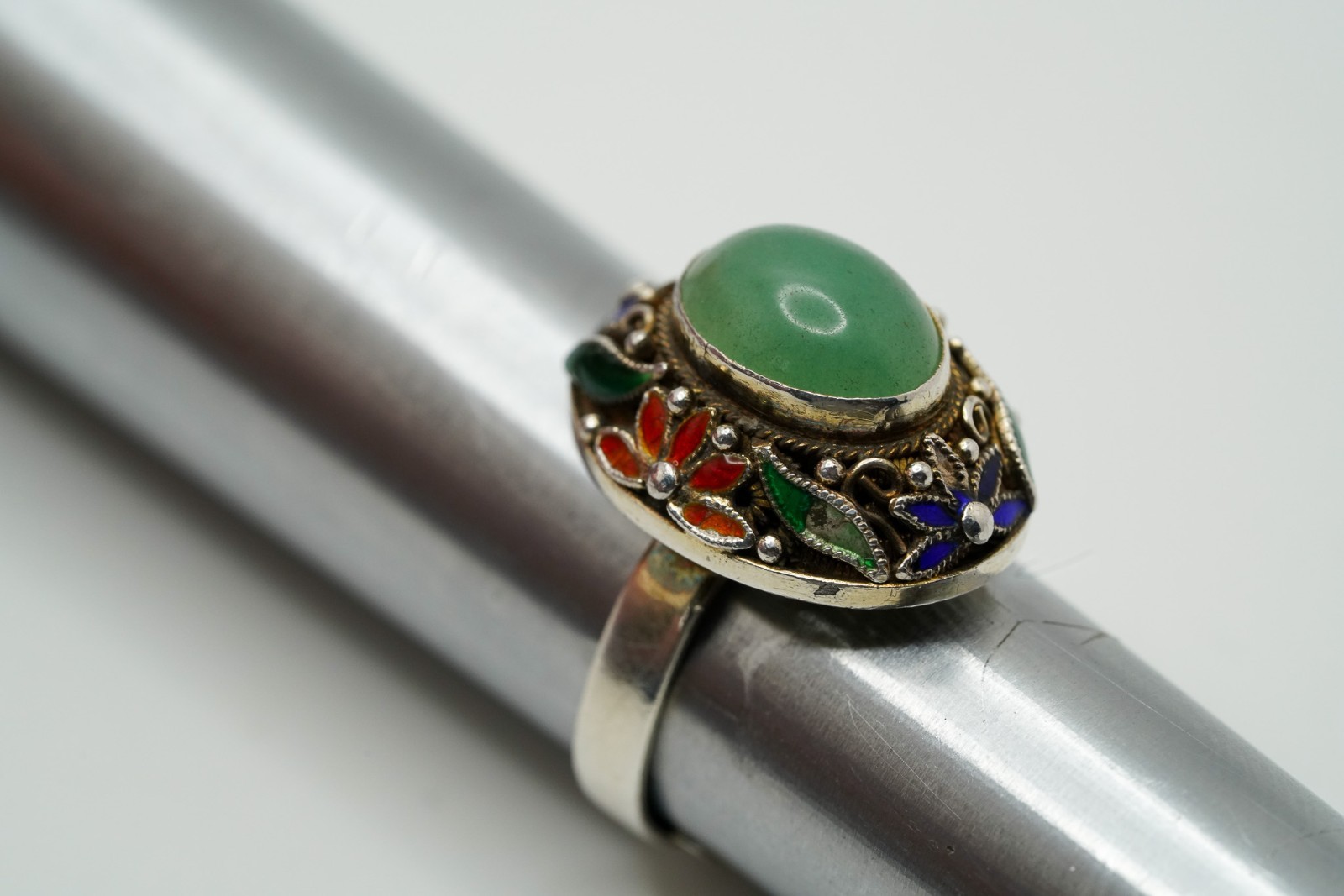 Vintage Chinese Export Sterling Silver Jade Enamel Adjustable Ring JB44