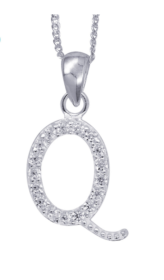 Sterling Silver CZ Initial Q Pendant with 45cm + 5cm Extender Chain -Free post