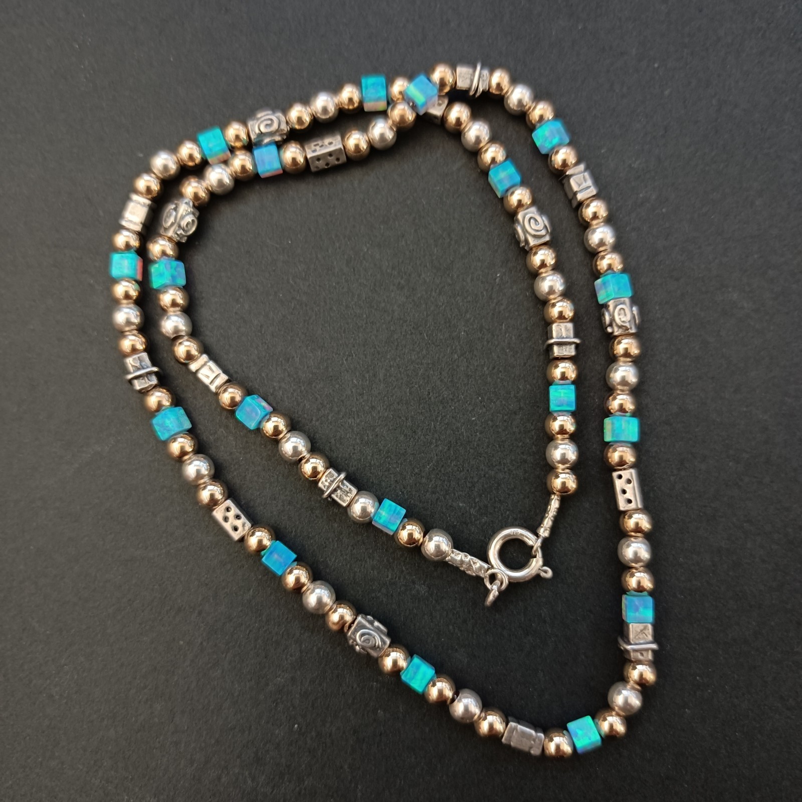 Israeli Modernist Necklace Sterling Silver Gold Filled Artisan Chic Blue Stone