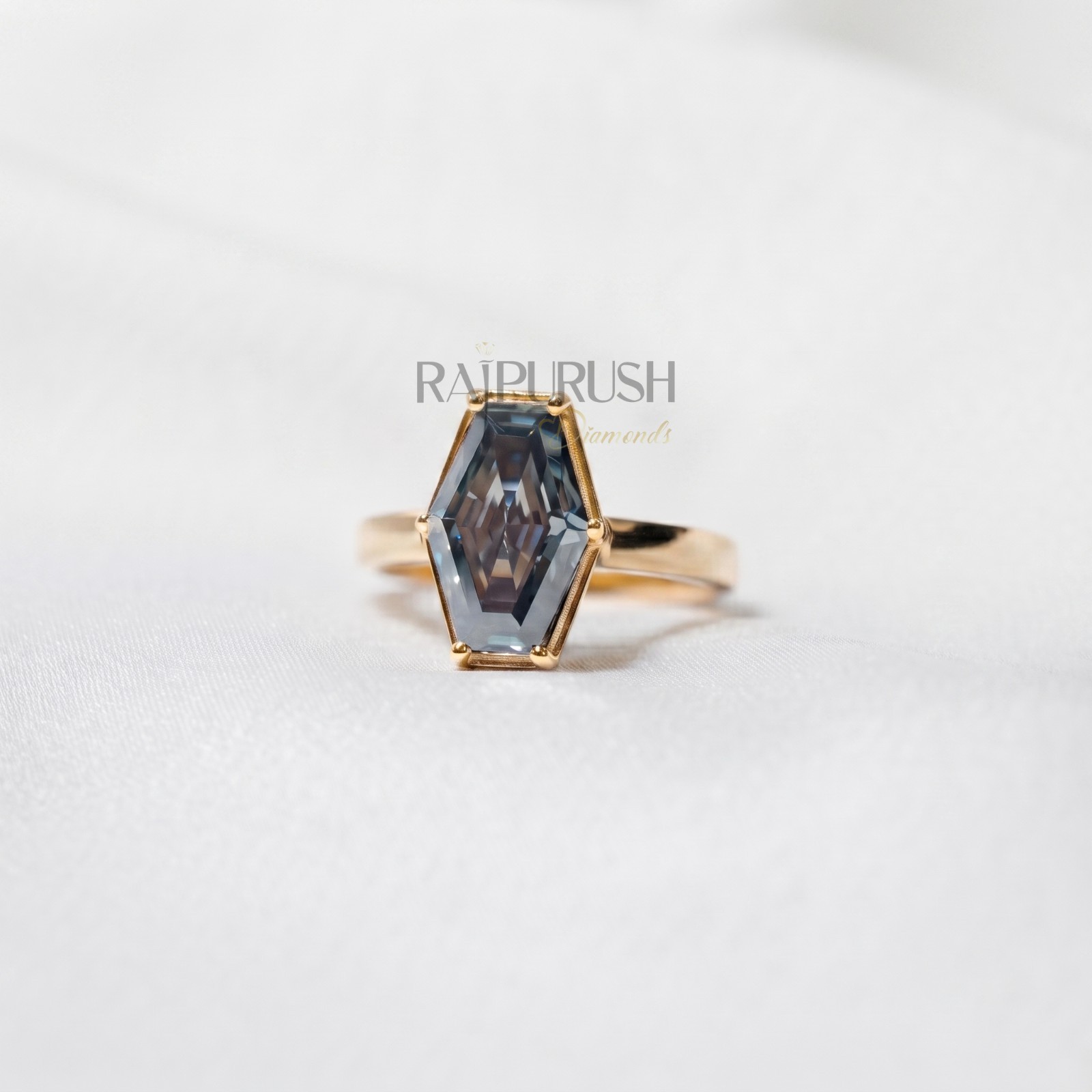 Hexagon Dark Grey Moissanite Engagement Ring 925 Silver Gold Plated Women Gift