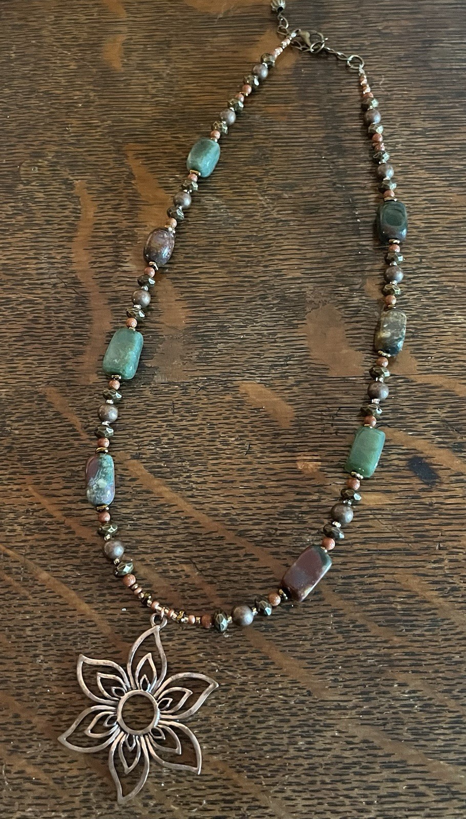 Copper Flower Pendant Necklace with Agate, Copper & Goldstone Beads 20″ Bronze