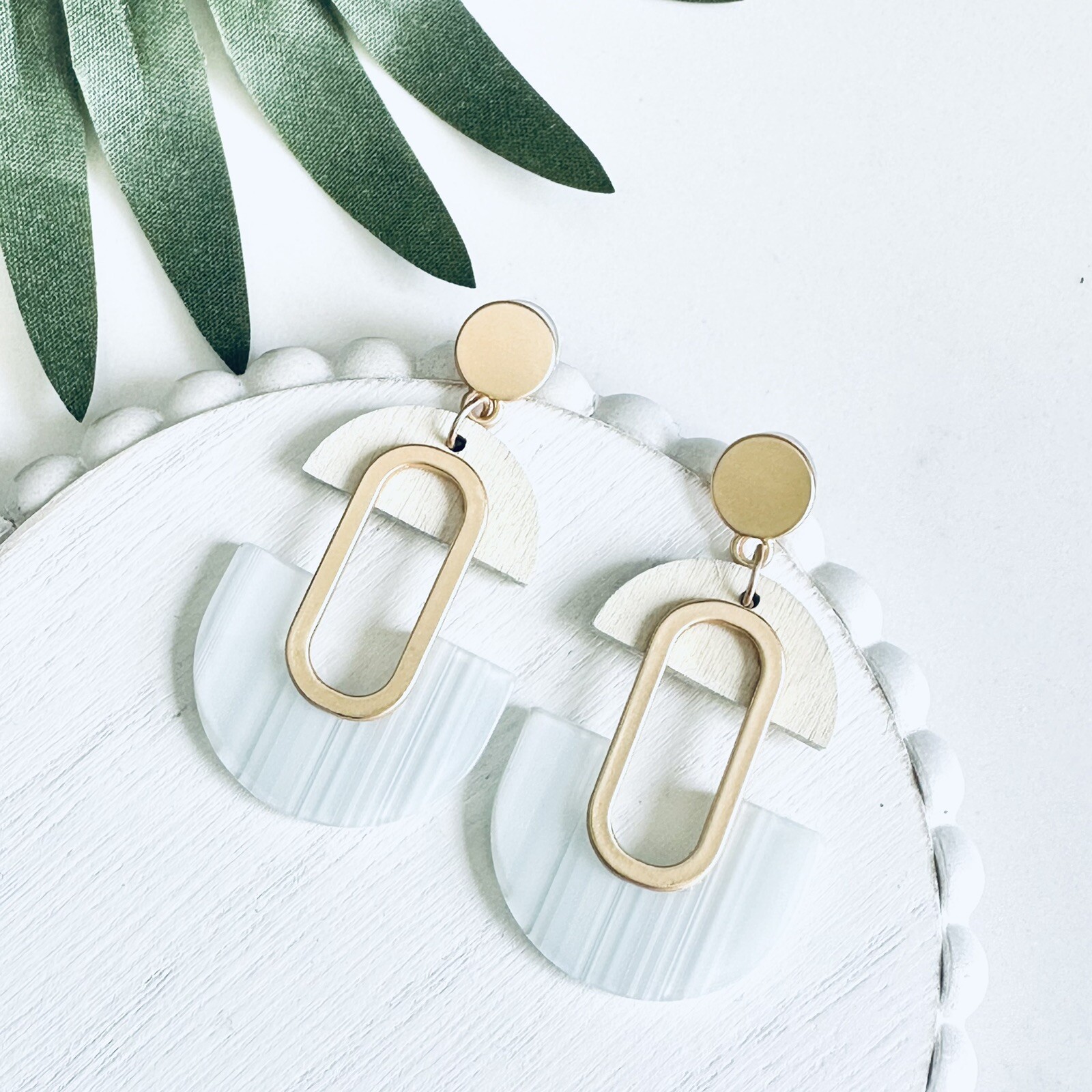 Gold White Gray Acrylic Arch Dangle Earrings Boho Oval Drop Jewelry Gift NEW