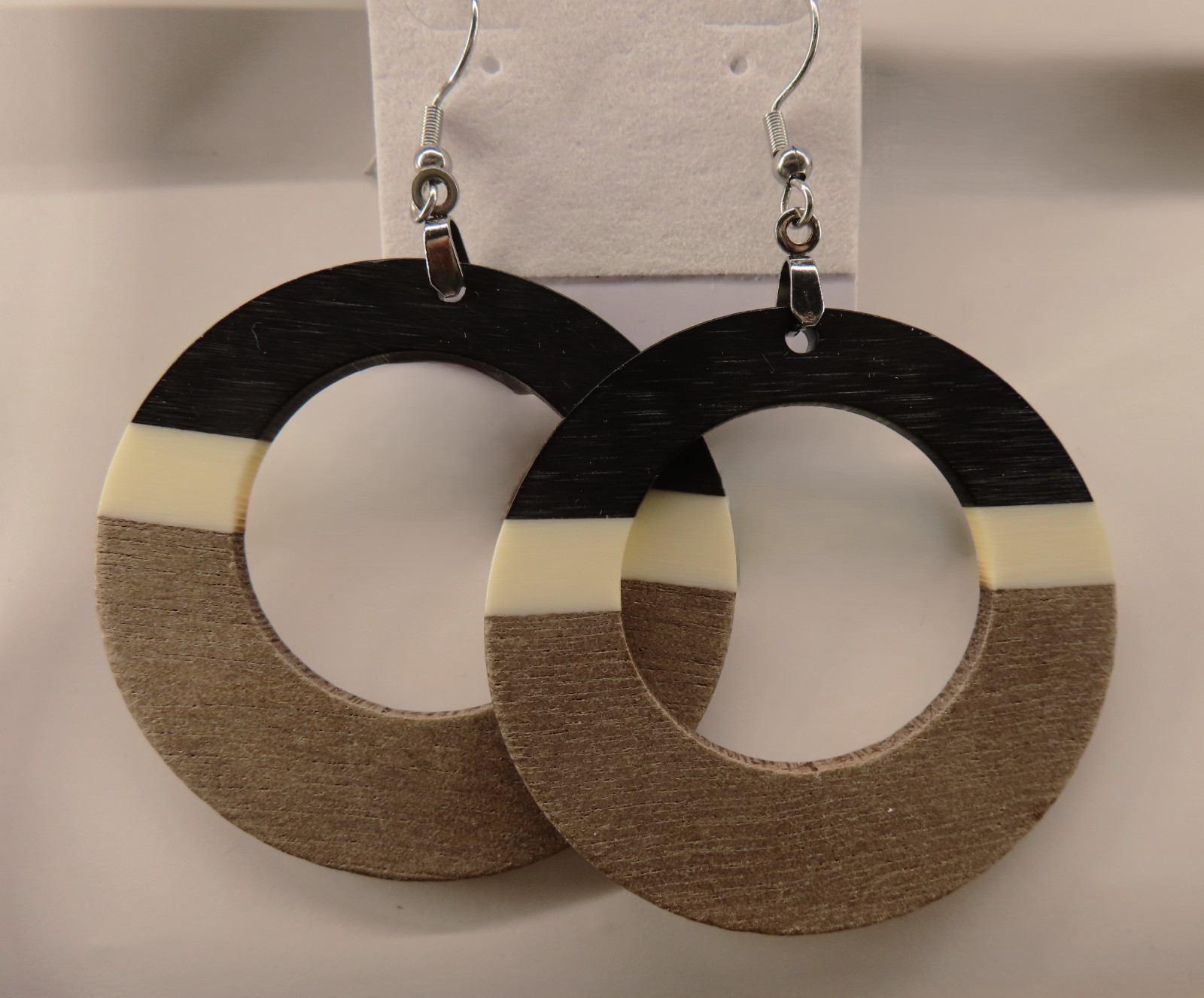 Black, White and Brown Resin Hoop Style – Clay – 3″ Dandle Drop Earrings