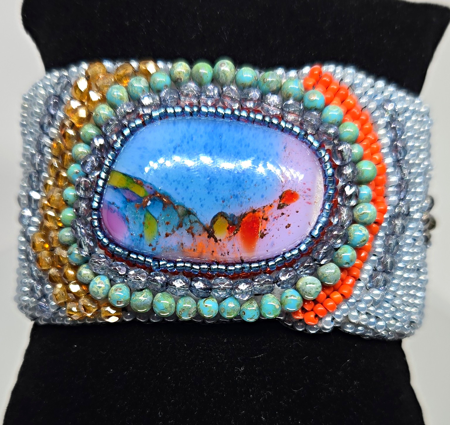 Bohemian Multicolor Glass Beaded Cuff Bracelet Cabochon Bezel Slide