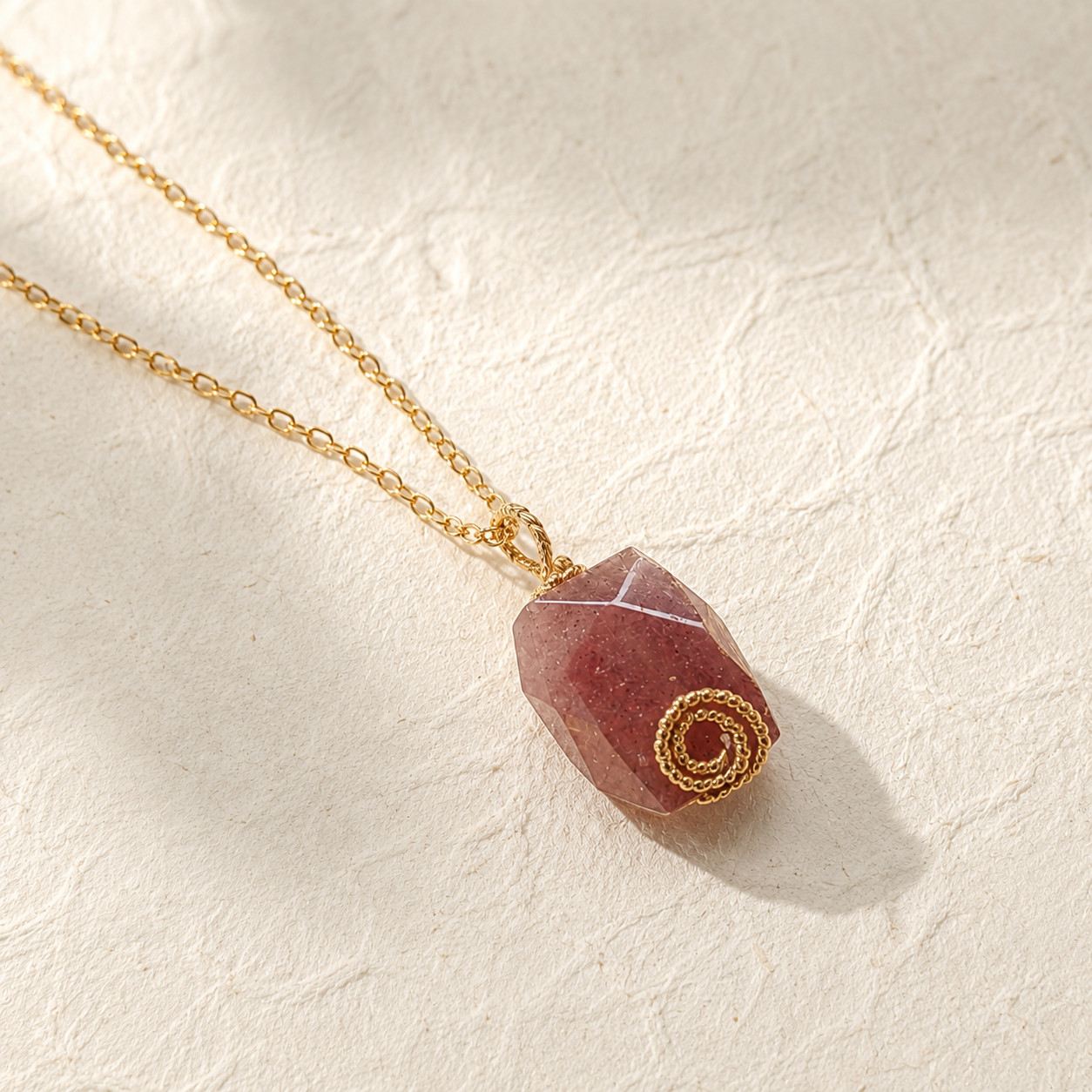 Natural Strawberry Quartz Pendant Necklace | 18K Gold Plated | Love & Vitality