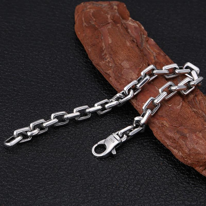 Solid S925 Sterling Silver Chain Men Women 7mm Square O Link Bracelet 7.1-8.7in