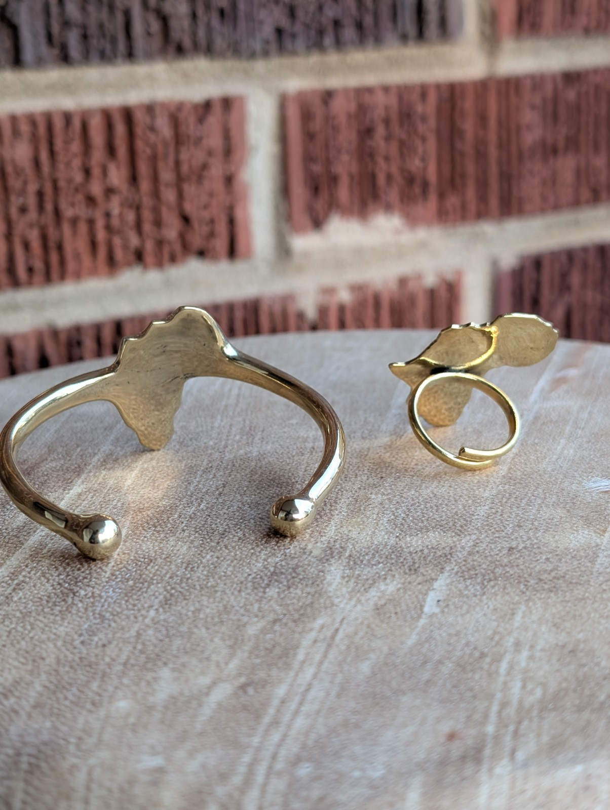 Gold Brass Africa-shaped Bangle & Ring Set -Handmade in Kenya-Adjustable Ring
