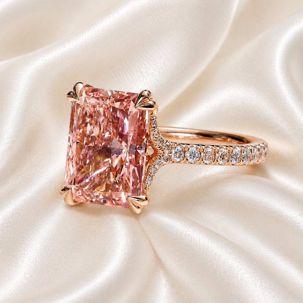 Diamond Ring 14k Rose Gold 5.35 Ct Radiant Cut Fancy Vivid Pink IGI Lab Grown