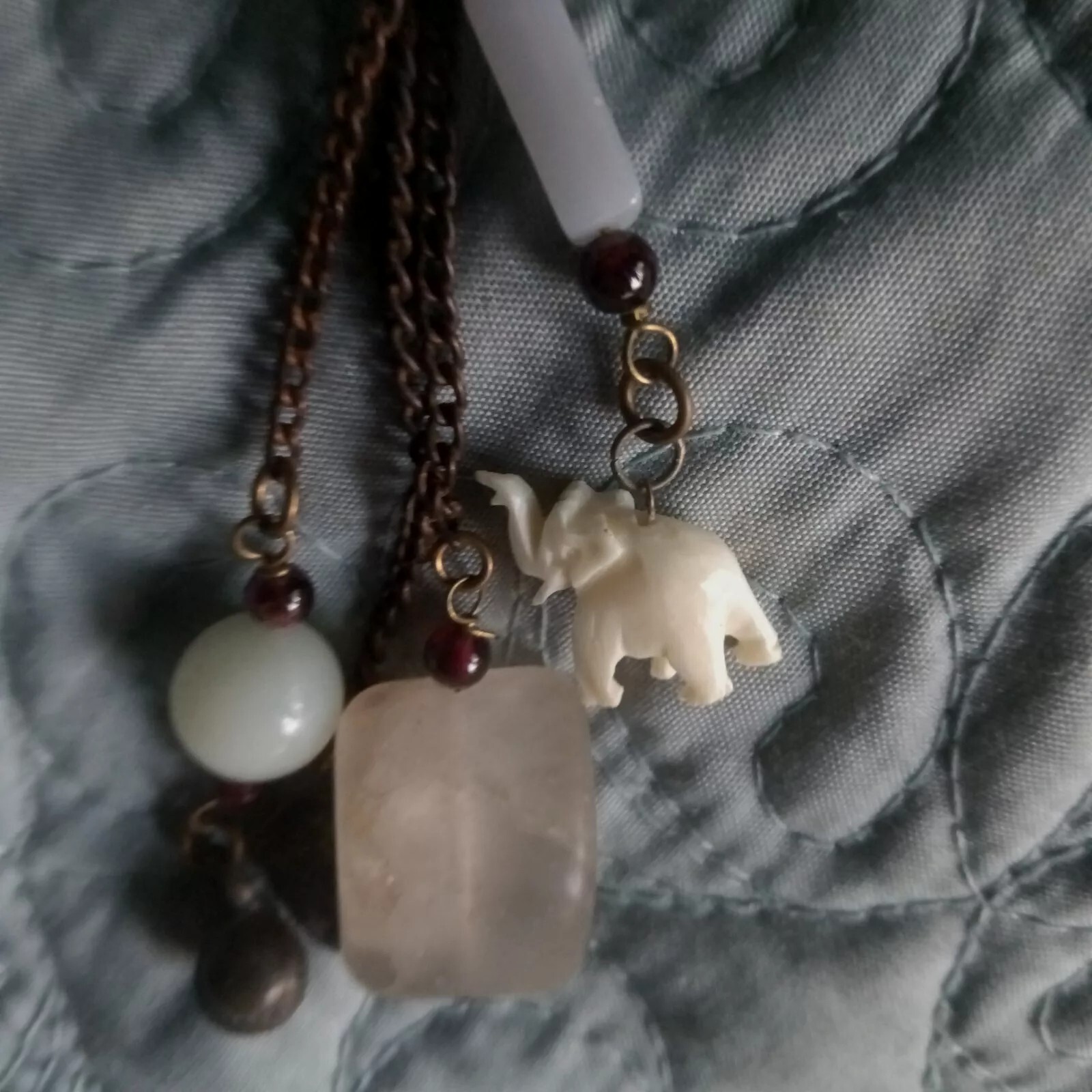 Crafted Dangle Drop Earrings 4″. Beads Granite Heart Elephant on Verdigris Ball.