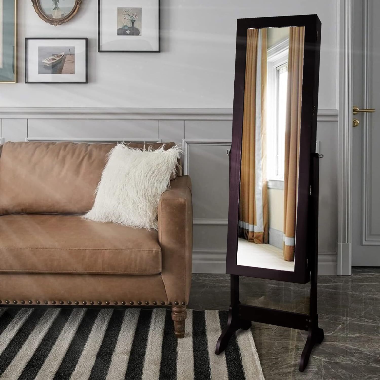 Standing Wooden Jewelry Cabinet Mirror Armoire Free Lockable Adjustable Angle