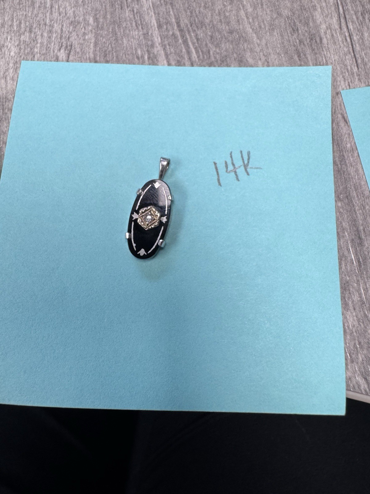 14k White Gold Mourning Pendant Victorian Edwardian Black Glass? Jet? Diamond