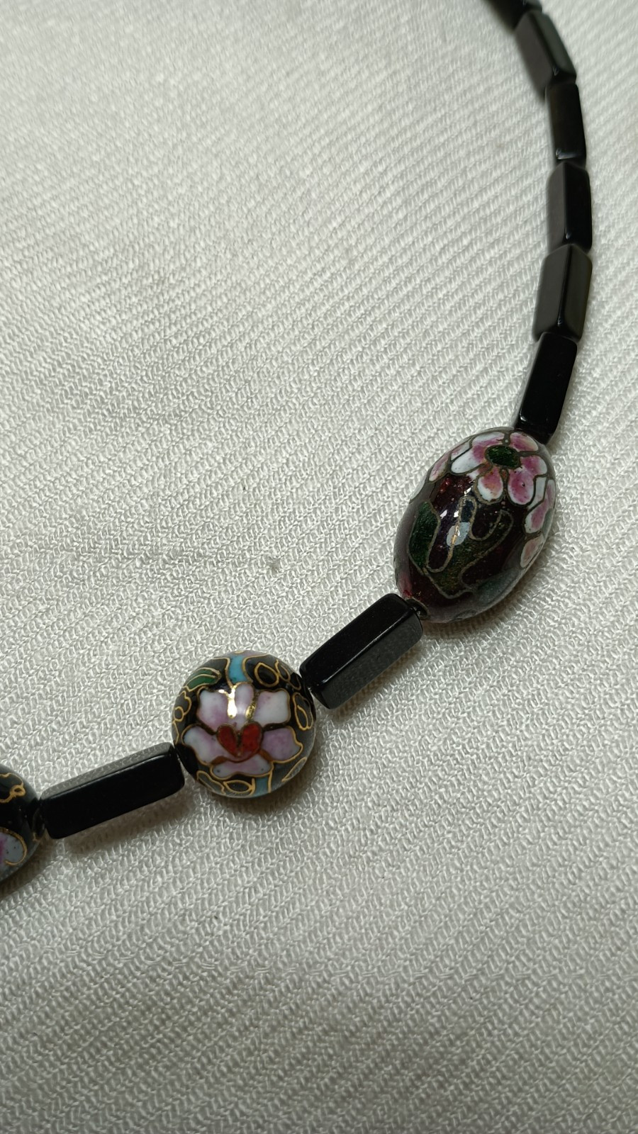Vintage Black Onyx Cloisonne Beads Beaded Necklace 20 In ➡️ DESCRIPTION