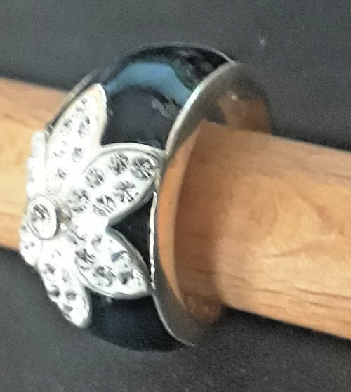 Vintage Sterling Silver & Black Enamel Crystal Flower Ring By CA Sz 9/19.2mm