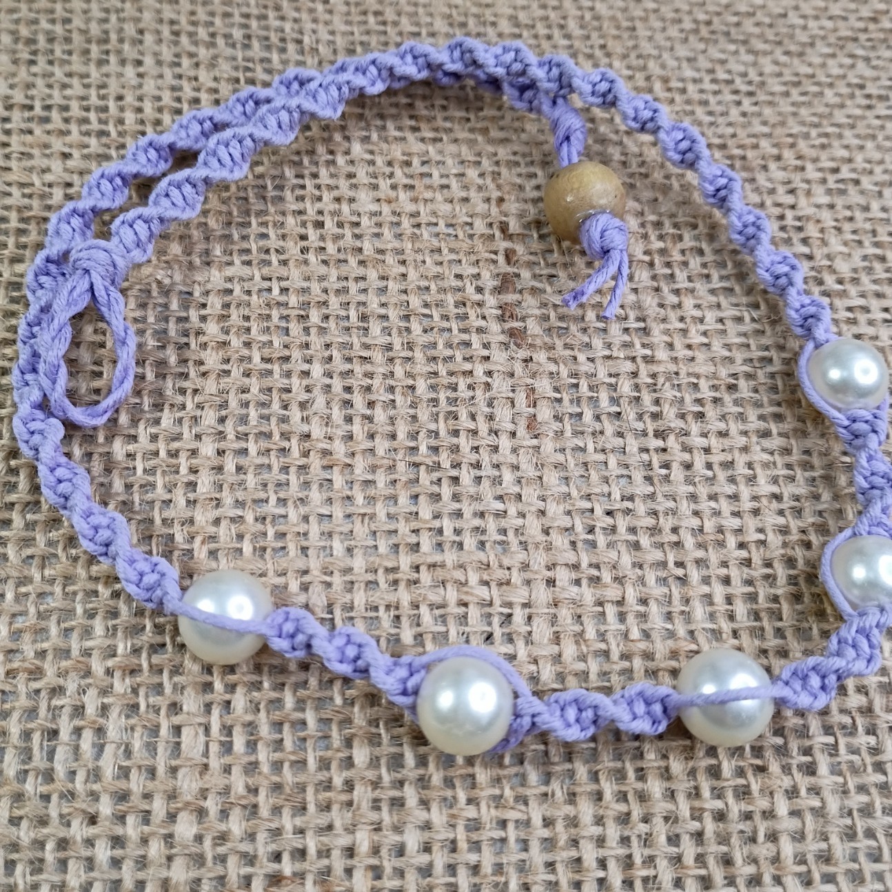 New Lavender Hemp Choker Necklace W/ Faux Pearl Beads 15 in Macrame Feminine
