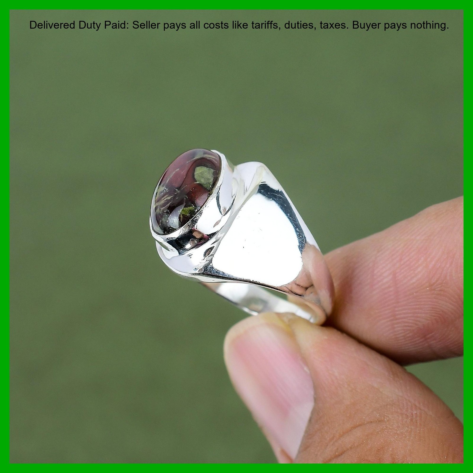 925 Silver Oval Natural Dragon Bloodstone Unique Bezel Artisan Wife Promise Ring