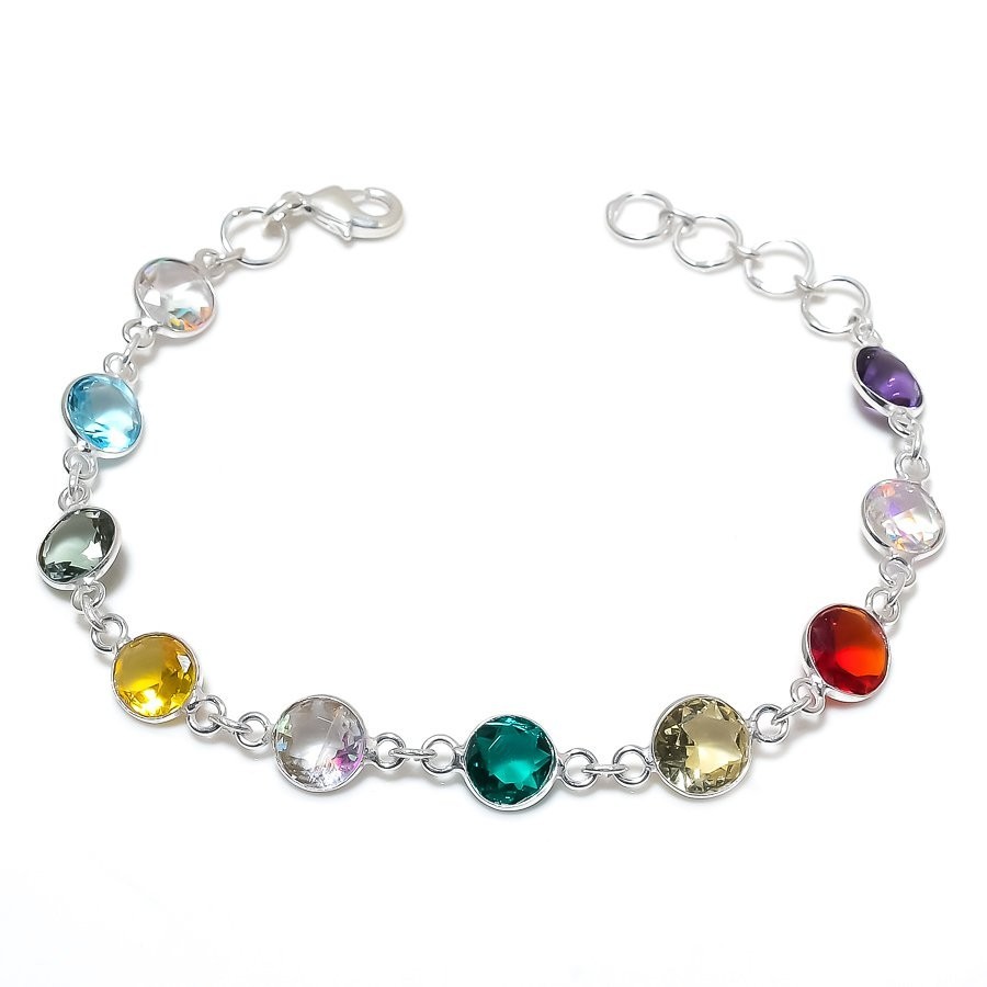 Multi color Gemstone Handmade 925 Sterling Silver Jewelry Bracelet Size 7-8″