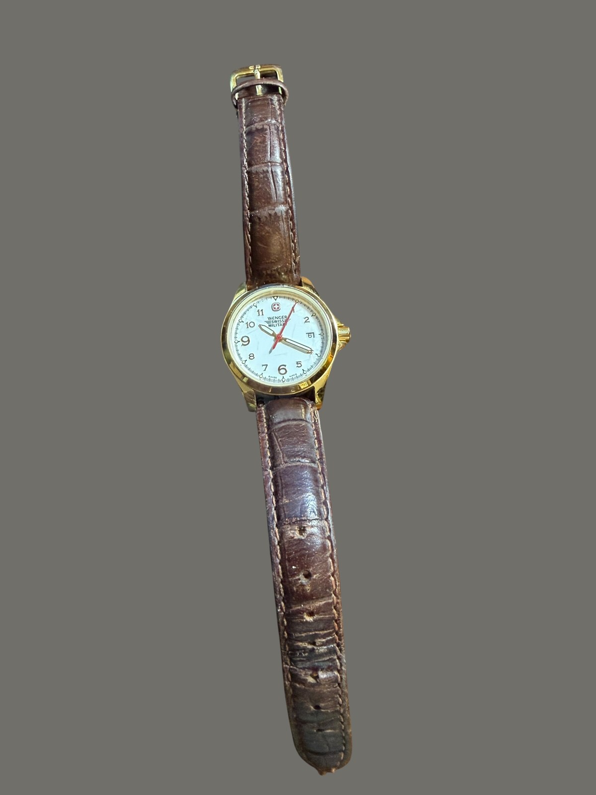 Wenger Swiss Military Women’s Gold Tone Watch 79240 White Dial Brown Leather