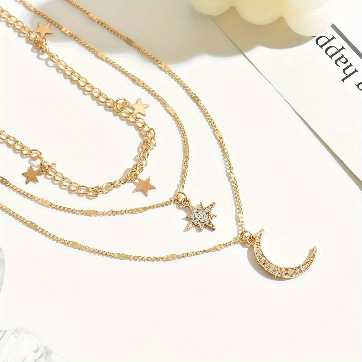 Bohemian Layered Star Moon Necklace for Women Gold Plated Chain with Rhinestone