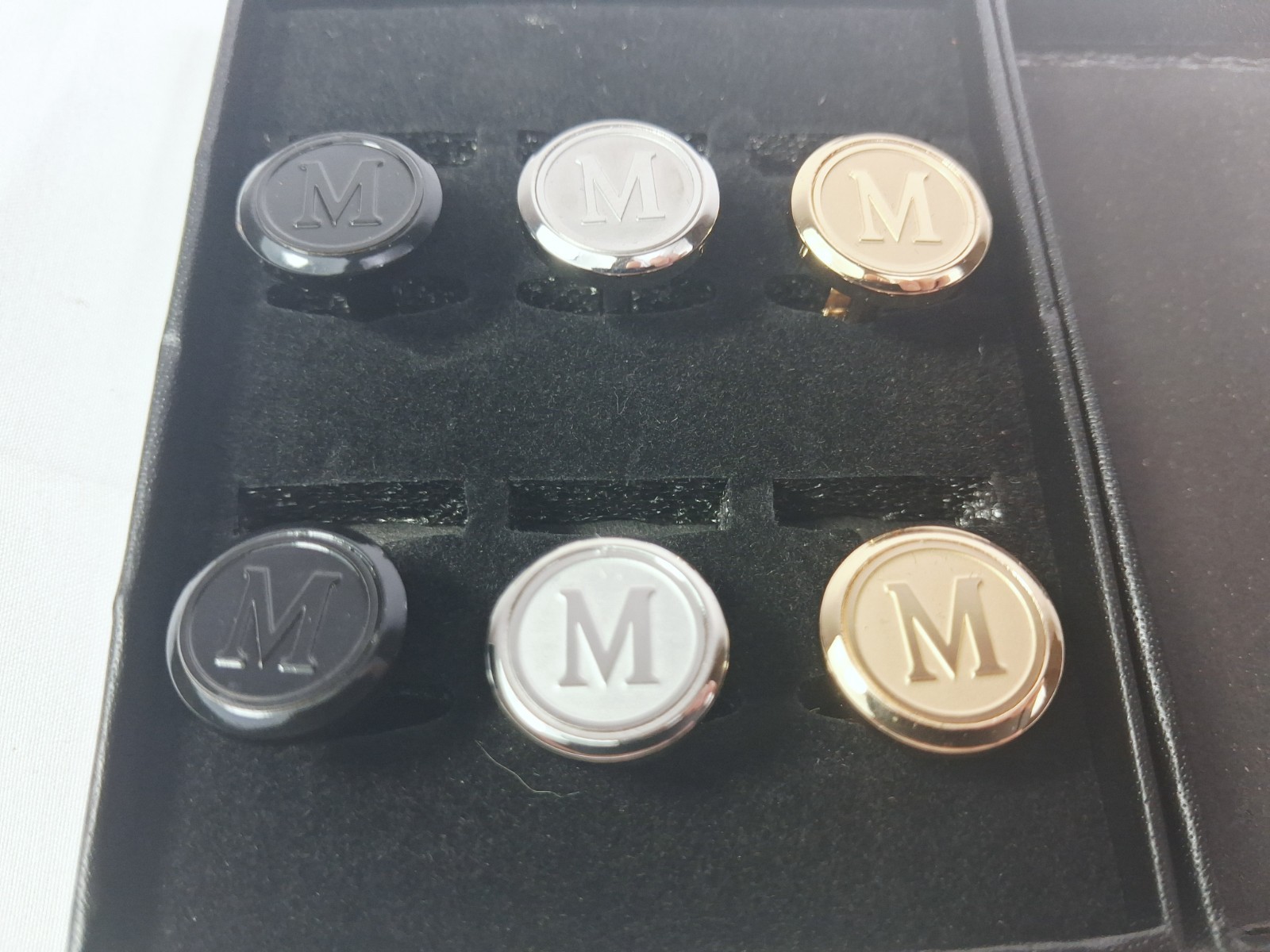 6 Pc Monogram Letter M Cufflinks Set Black Silver Gold Tone Round Cuff Links