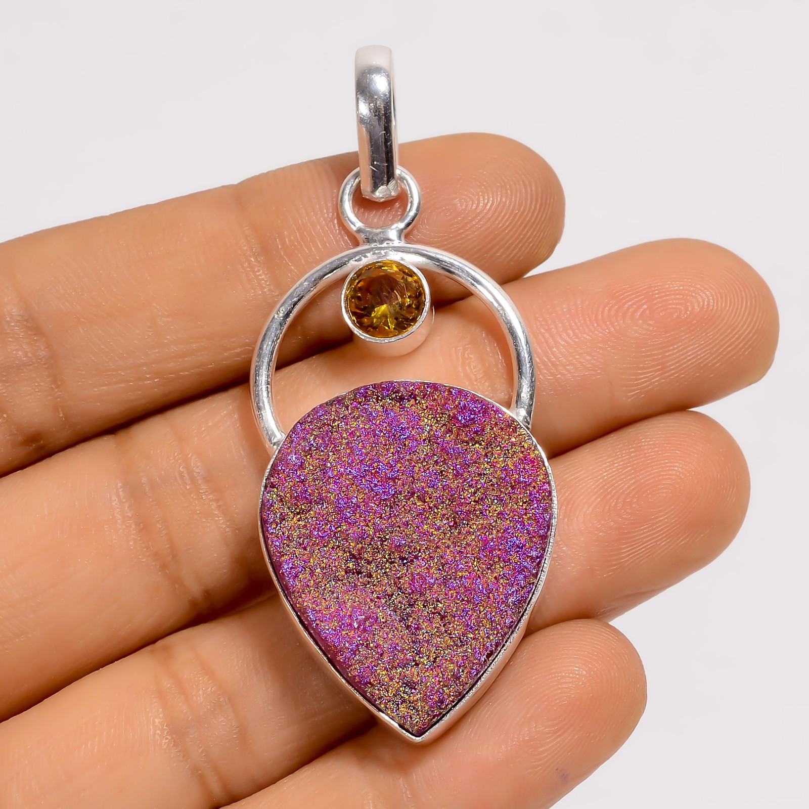 Titanium Druzy Citrine Gemstone 925 Silver Handmade Pendant 2.1″ ARP-6622