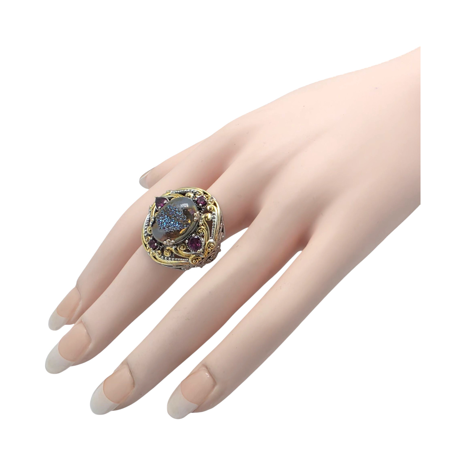 KARIS PLATINUM/PALLADIUM PLATED DRUZY/PURPLE STONE SIZE 7 RING 9.9GR #1241