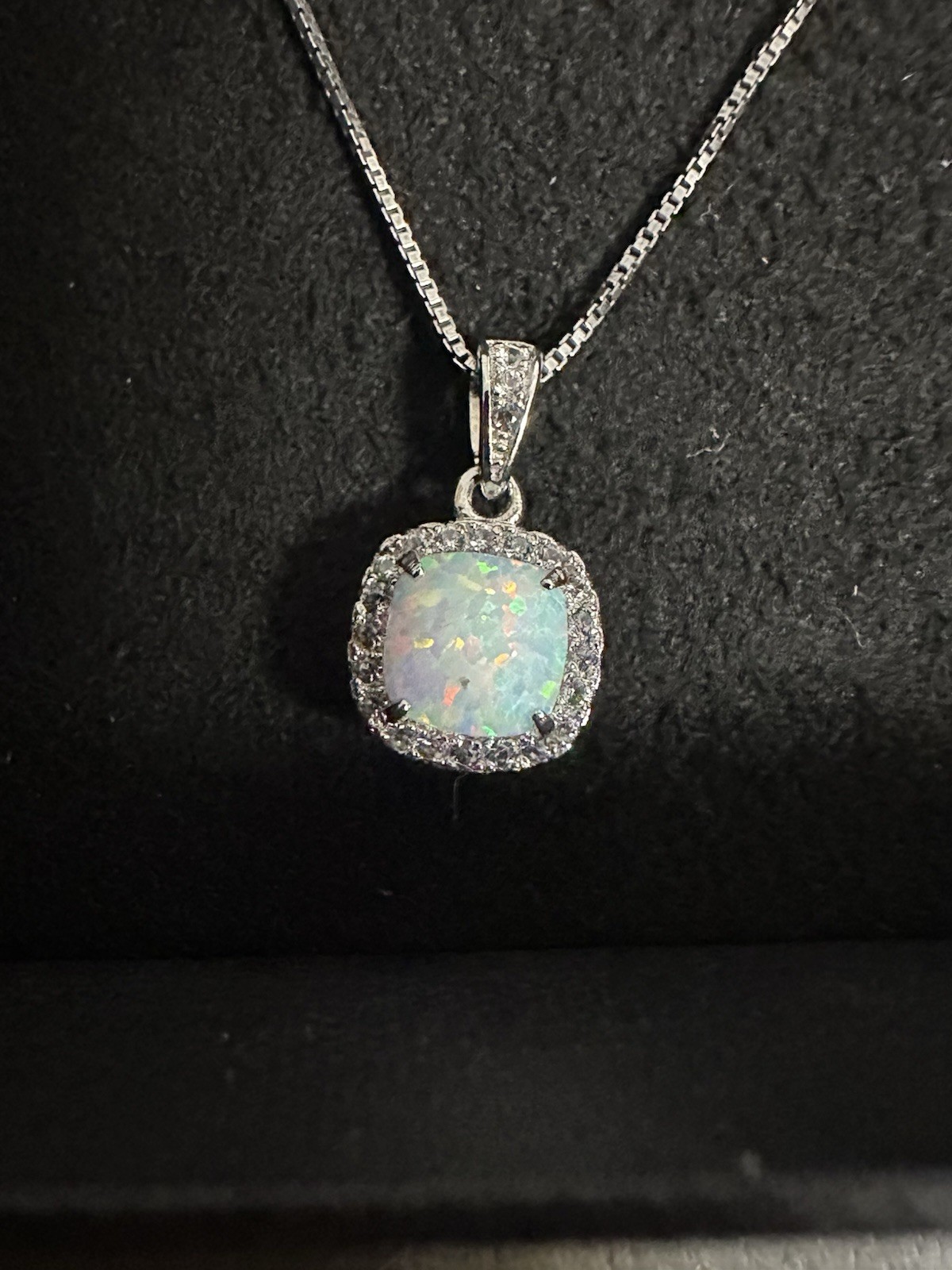Opal White Sapphire Necklace Sterling Silver Halo Pendant October Birthstone