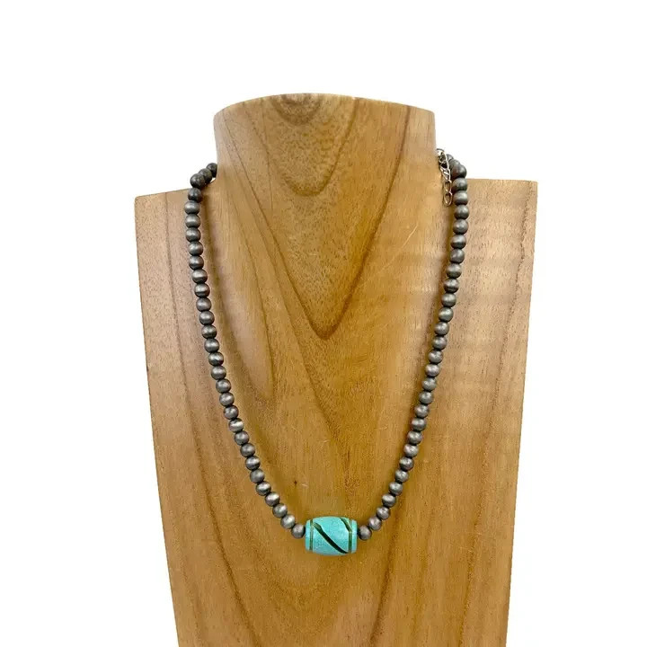 Silver Pearl Beads with Blue Roundel Turquoise Stone Necklace