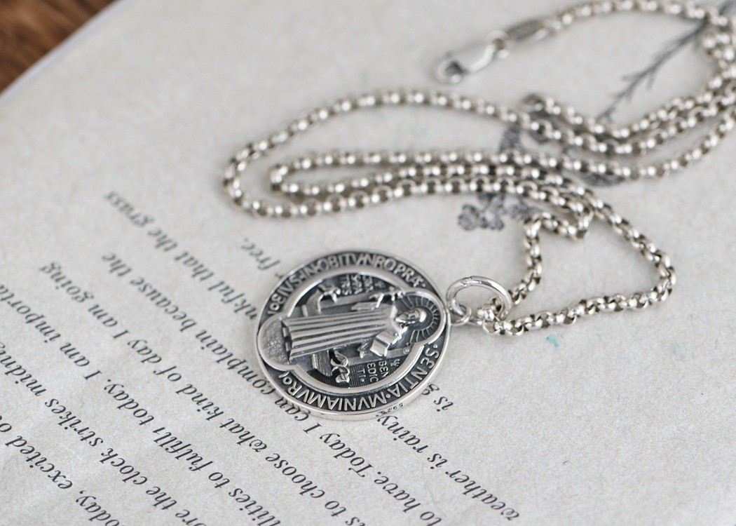 S925 Sterling Silver ST BENEDICT MEDAL Cross Pendant RELIGIOUS Protective Amulet