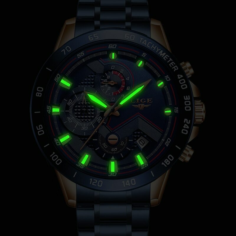 Montre Homme acier inoxydable LIGE Quartz Analogique étanche Lumineux date mode