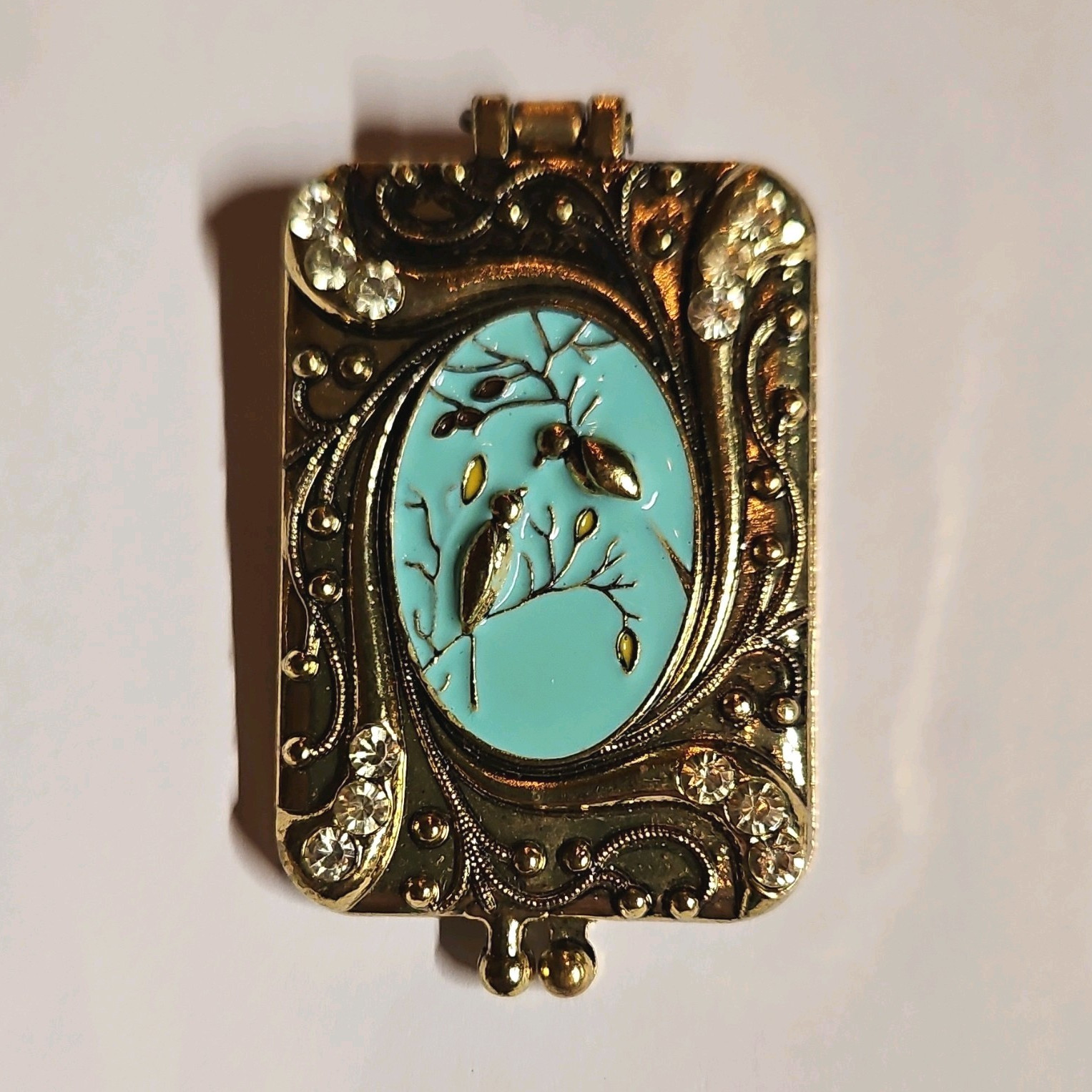 Vintage style Art Nouveau Opening Locket Picture Pendant Enamel Bird Filigree