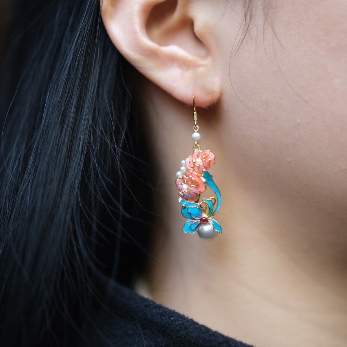 New Chinese Butterfly Peony Gold Plated Long Dangle Earrings