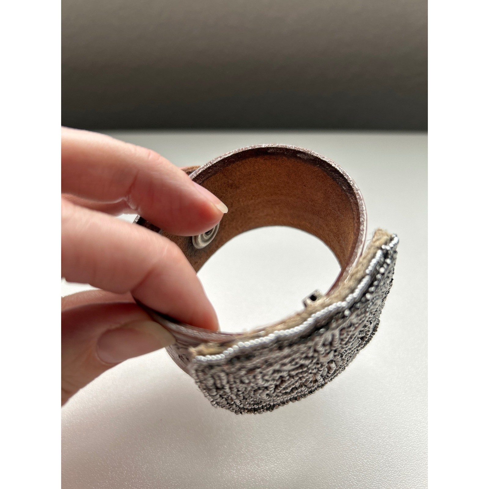 Boho Beaded Cuff Bracelet Metallic Leather Floral Emboss Snap Closure Statement