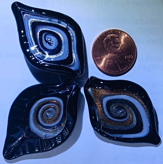 Vintage 3pc Lampwork Glass Leaf Beads 40mm Spiral Top-Drilled 3mm Hole Glossy