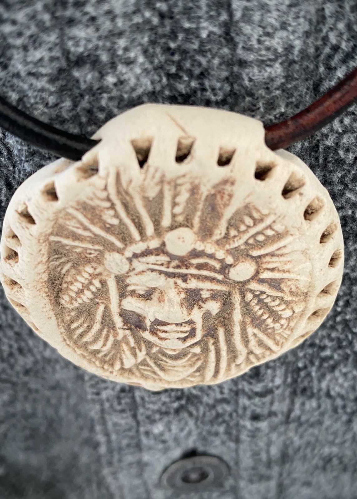 ARTISAN Ceramic Pottery Native American Indian Chief Pendant NECKLACE Warrior 2″