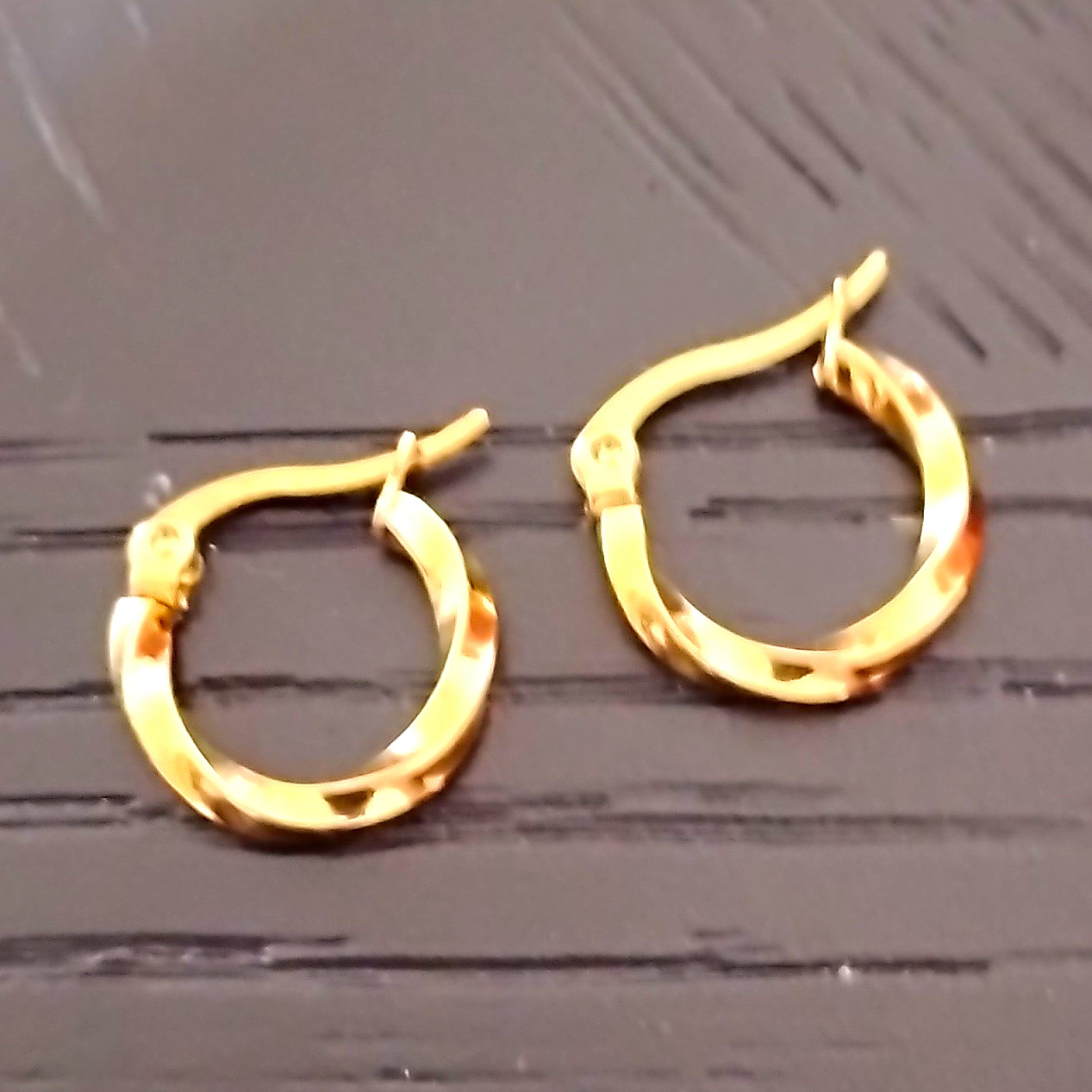 Gold Tone Round Twisted Huggie Hoop Earrings Hinged Closure Metal Lobe Pair