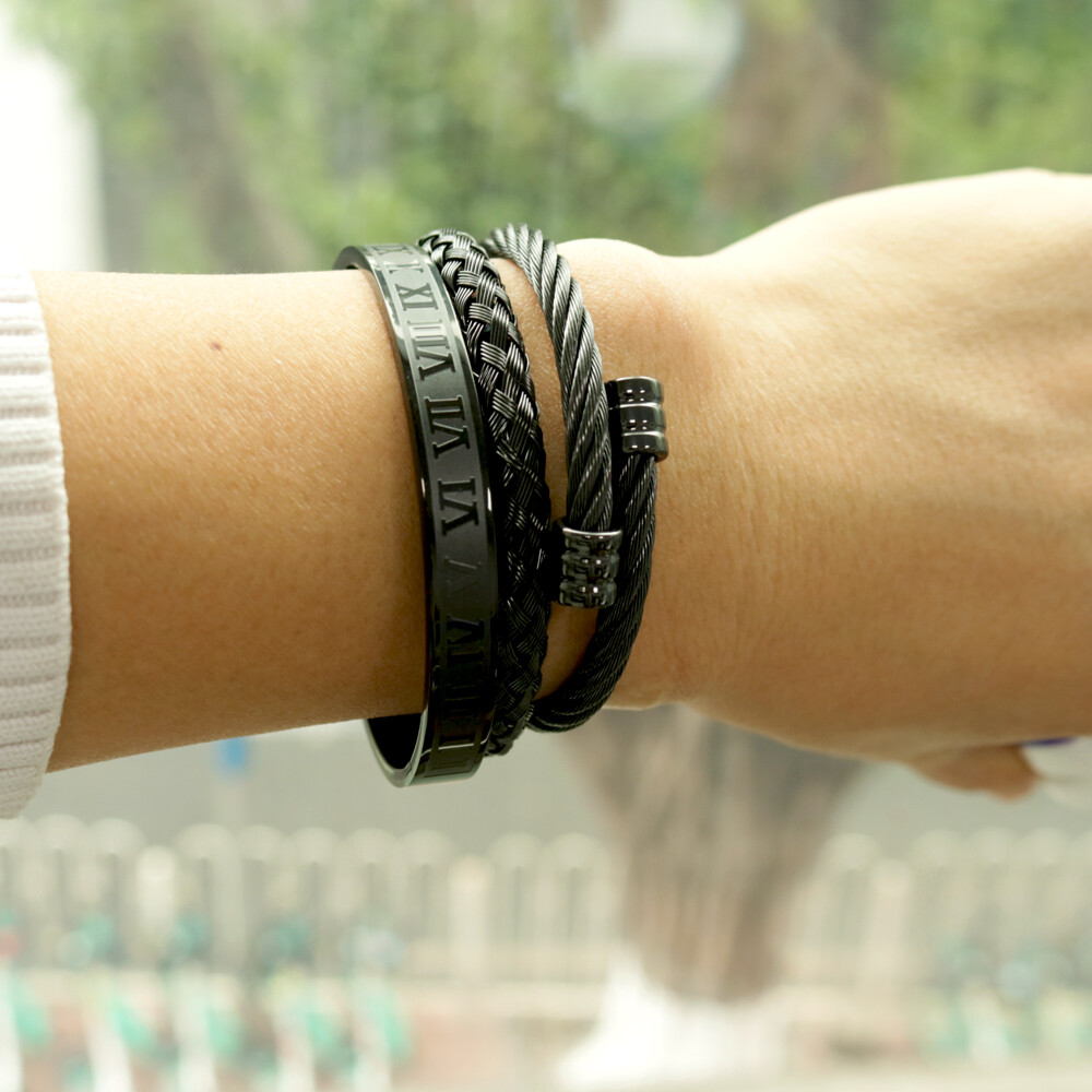 3Pcs Stainless Steel Bracelets Set Luxury Gold Roman Numeral Bangle Jewelry Gift